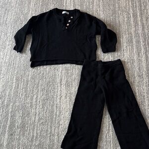 Free People Set Black Waffle Two-Piece Set - Button Henley Top & Wide Leg Pants